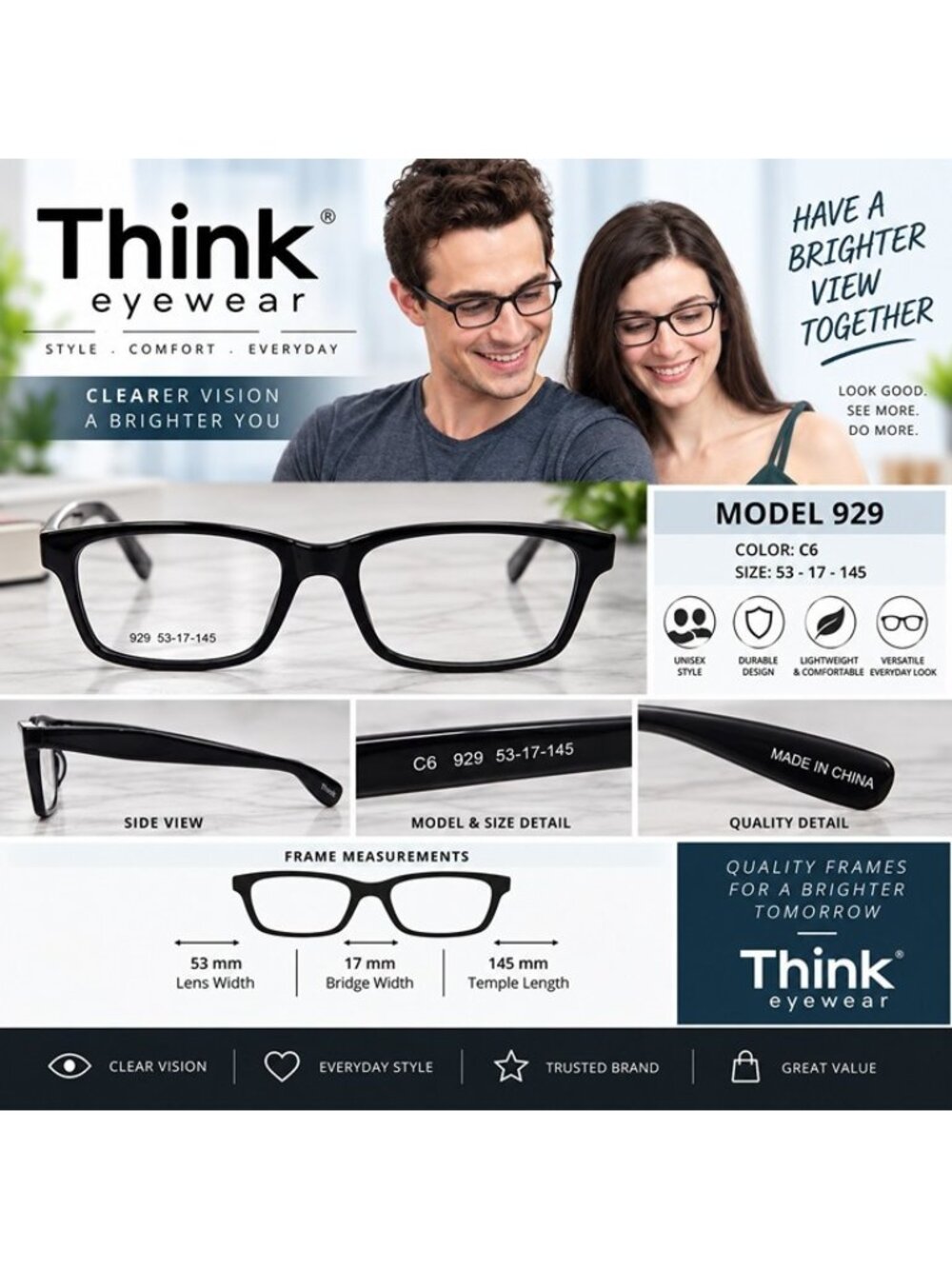 Think Eyewear 929 C6 Black Eyeglass Frames 53-17-145 Unisex New